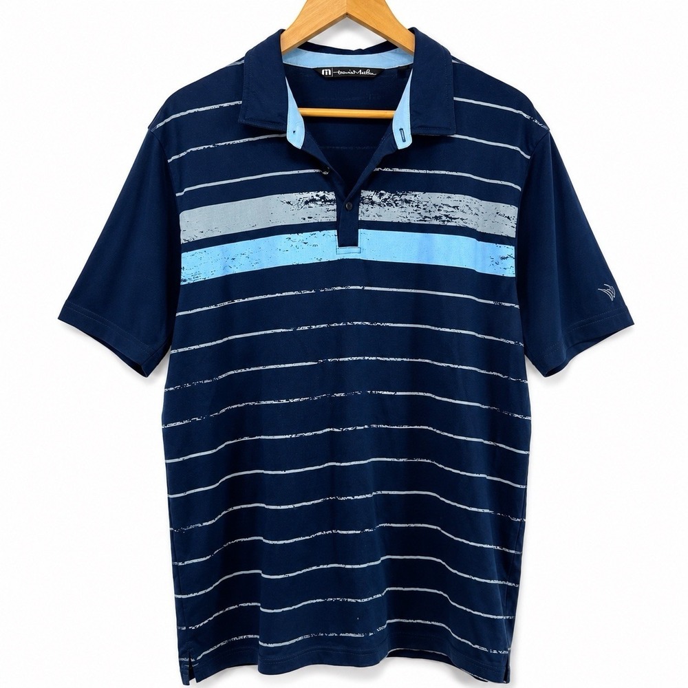 TravisMathew Pima Cotton Striped Golf Polo Shirt Blue Short Sleeve XL